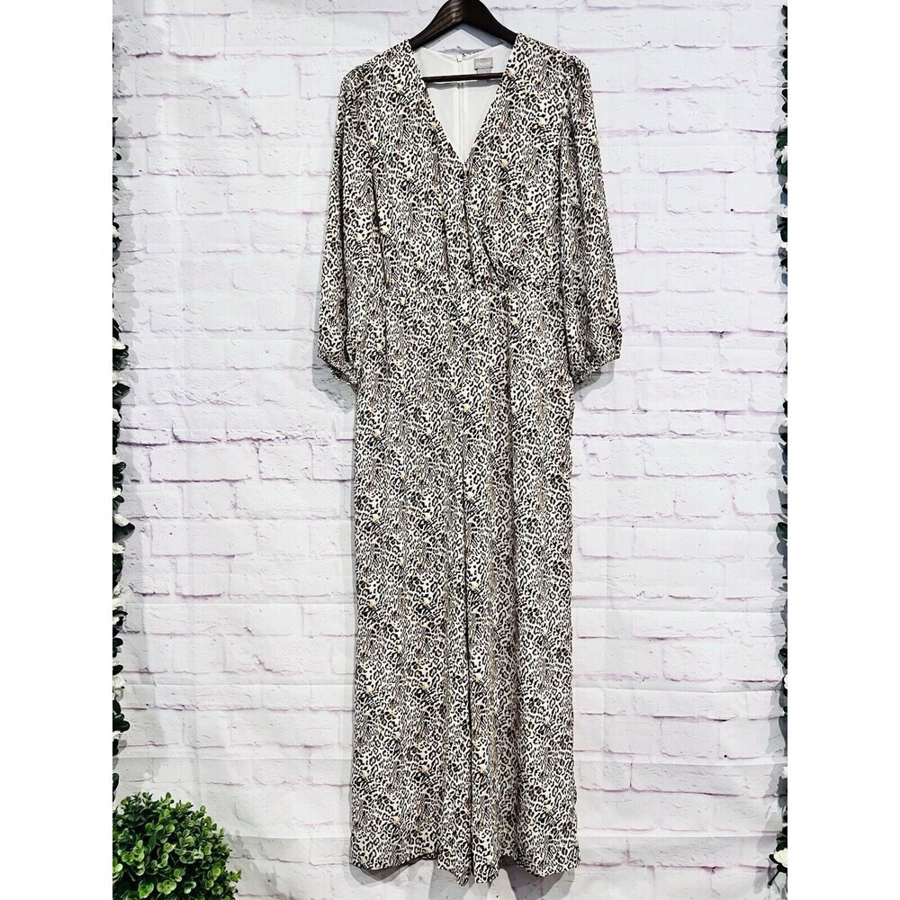 Chico's Women's Jumpsuit Size 1.5 US 10 Leopard Print Wrap Zip Up Lined Wide Leg